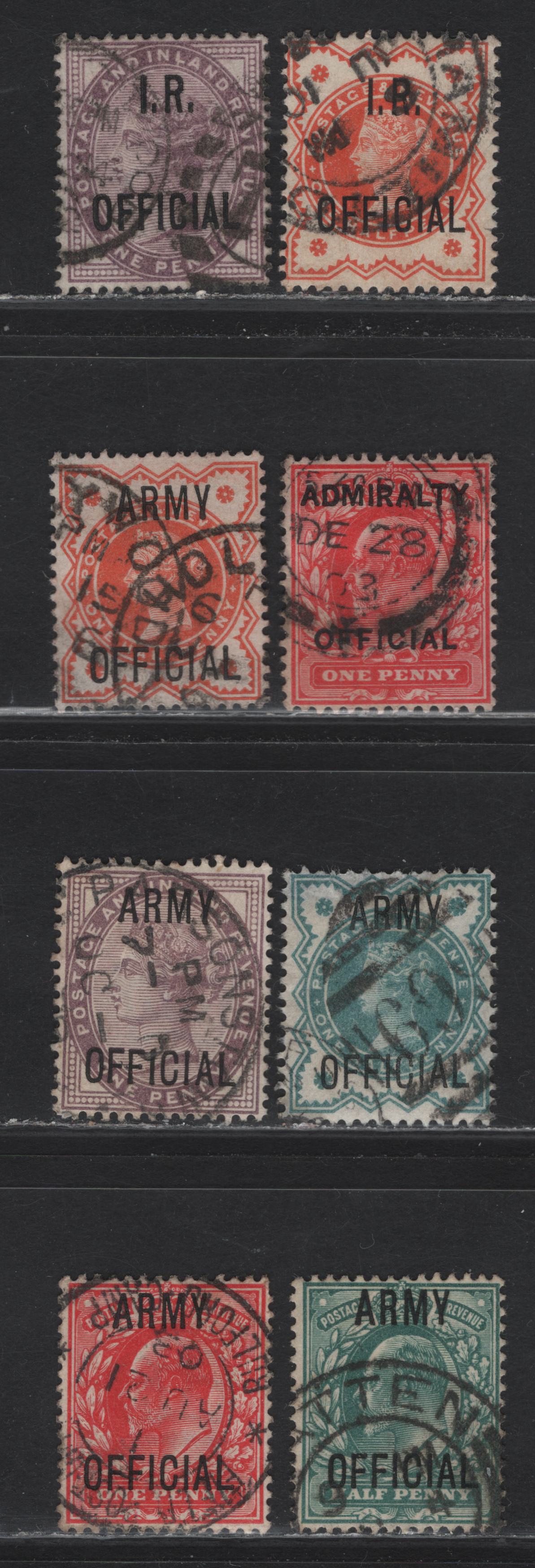 Lot 97 Great Britain (C) SG#O3, O13, O41-O43, O48-O49,O102 1d Lilac - Scarlet Internal Revenue - Admiral, 1882-1903 Internal Revenue - Admirally Official Issues, 8 Fine/Very Fine Used Singles