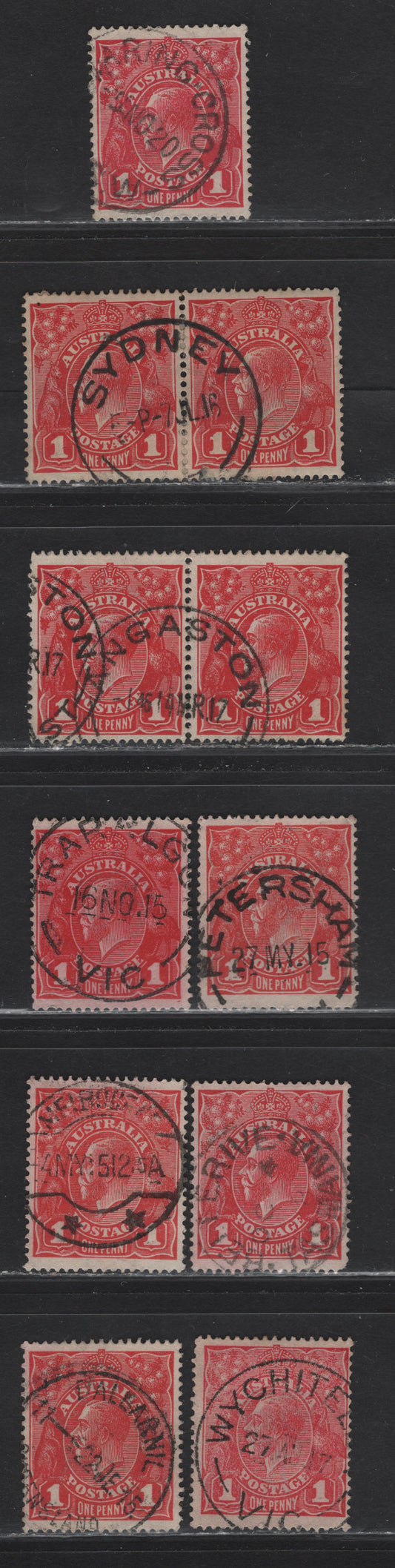 Lot 10 Australia (C)  SG#21,ca,cc,d, 47-b 1d Carmine Red King George V, 1914-1923 KGV Heads Issue, 9 Fine/Very Fine Used Singles & Pair, Perf 14.25x14 & 14, CDS Town Cancels, Including On Die 1, Variety of Shades.