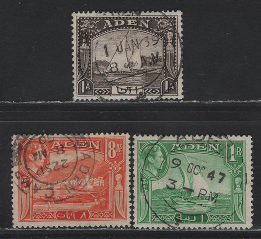 Lot 1 Aden  (C) SG#3, 23-24 1a - 1g Sepia - Emerald Green Dhow - King George VI, 1937-1948 Dhow - KGVI Pictorial Issues, 3 Fine/Very Fine Used Singles, SON Aden & Aden Camp CDS Cancels