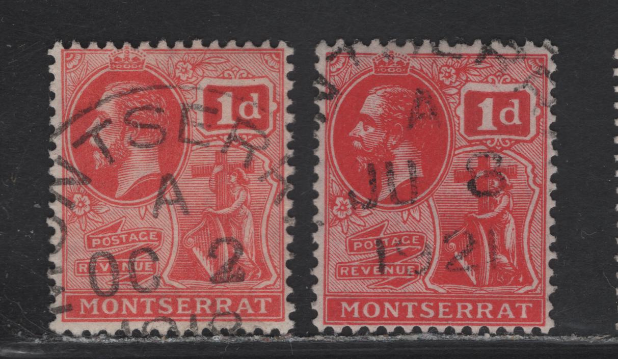 Lot 101 Montserrat (C) SG#50, 50a 1d Scarlet - Carmine Red King George V, 1916-1922 KGV Colonial Badge Keyplate Issue, 2 Fine Used Singles, SON October 2, 1918 & June 8 1921 Montserrat CDS Cancels