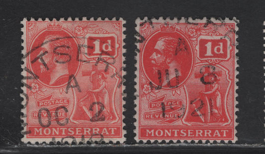 Lot 101 Montserrat (C) SG#50, 50a 1d Scarlet - Carmine Red King George V, 1916-1922 KGV Colonial Badge Keyplate Issue, 2 Fine Used Singles, SON October 2, 1918 & June 8 1921 Montserrat CDS Cancels