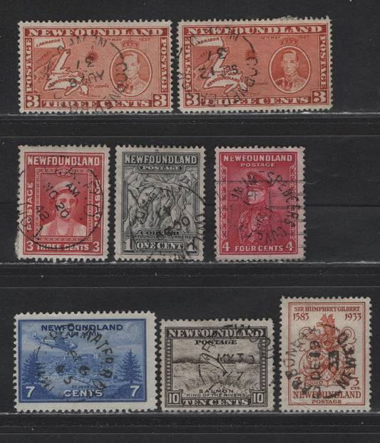 Lot 104 Newfoundland #183, 189, 214, 234, 234g, 255, 260, C19 1c - 7c Gray Black - Ultramarine Codfish - View of St Johns, 1932-1943 Resources - Airmail Issues, 8 Fine/Very Fine Used Singles, CDS & Split Ring Town Cancels