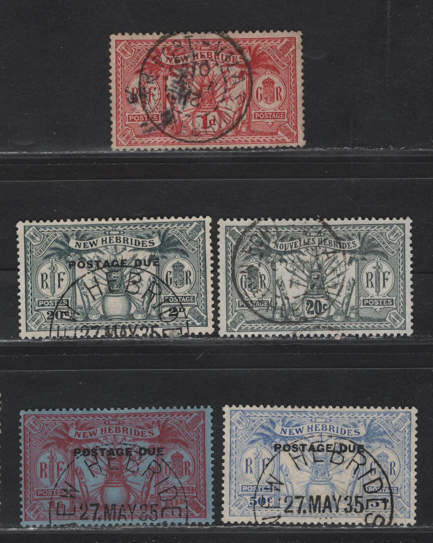 Lot 105 New Hebrides (C) SG#F44, 19, D2, D4-D5 1d - 20c Red - Slate Gray Weapons - Idols, 1911-1925 Weapons - Idol & Postage Due Issues, 5 Fine/Very Fine Used Singles, SON or Partial New Hebrides Or Port-Villa CDS Cancels