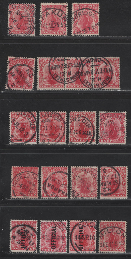 Lot 108 New Zealand (C) SG#O70, O78, 405, 409 1d Carmine Zealandia, 1908-1927 Universal Penny Postage Issues, 17 Very Good/Fine/Very Fine Used Singles & Strip of 3, De La Rue & Art Paper, Lithographed Wmk, SON Town Cancels.