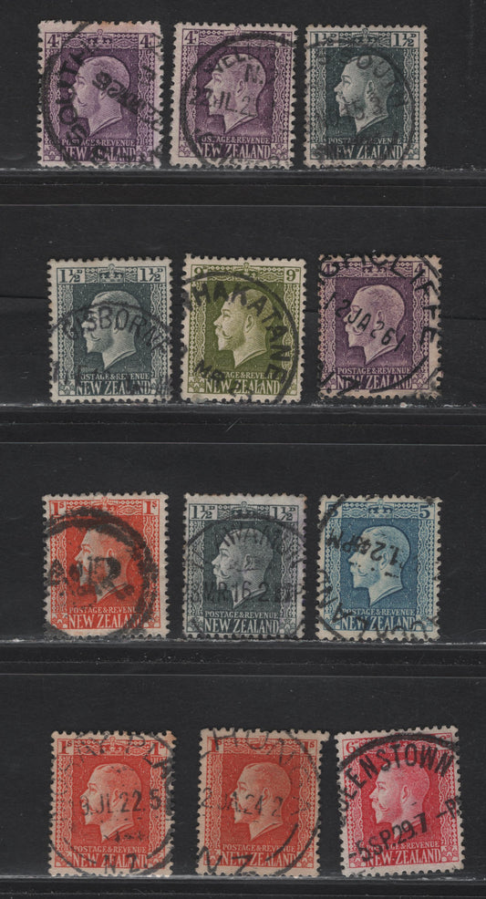 Lot 109 New Zealand (C) SG#416,a, 422, 424-425, 429-430,c 135d - 1/- Gray-Slate - Vermillion King George V, 1915-1930 KGV Profile Head Issue, 12 Very Good/Fine/Very Fine Used Singles, Perfs 14x13.5 & 14x14.5, SON Town Cancels