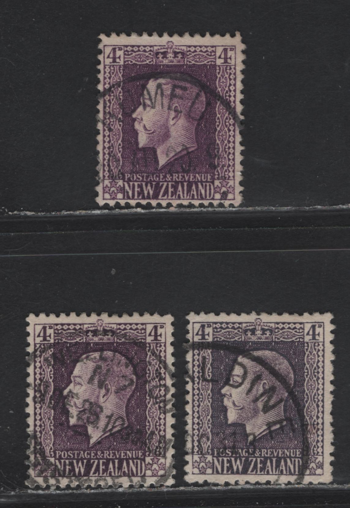 Lot 110 New Zealand (C) SG#422e,g 4d Bright Violet - Deep Purple King George V, 1915-1930 KGV Profile Head Issue, 3 Very Fine Used Singles, CDS Town Cancels Including Kumeu, …Aldine & Wellington
