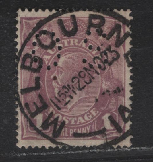 Lot 11 Australia (C)  SG#O67 1d Violet King George V, 1918-1923 KGV Heads Issue, A Very Fine Used Single, Perf OS, SON November 28 1923 Melbourne CDS Cancel, Single Crown Wmk.