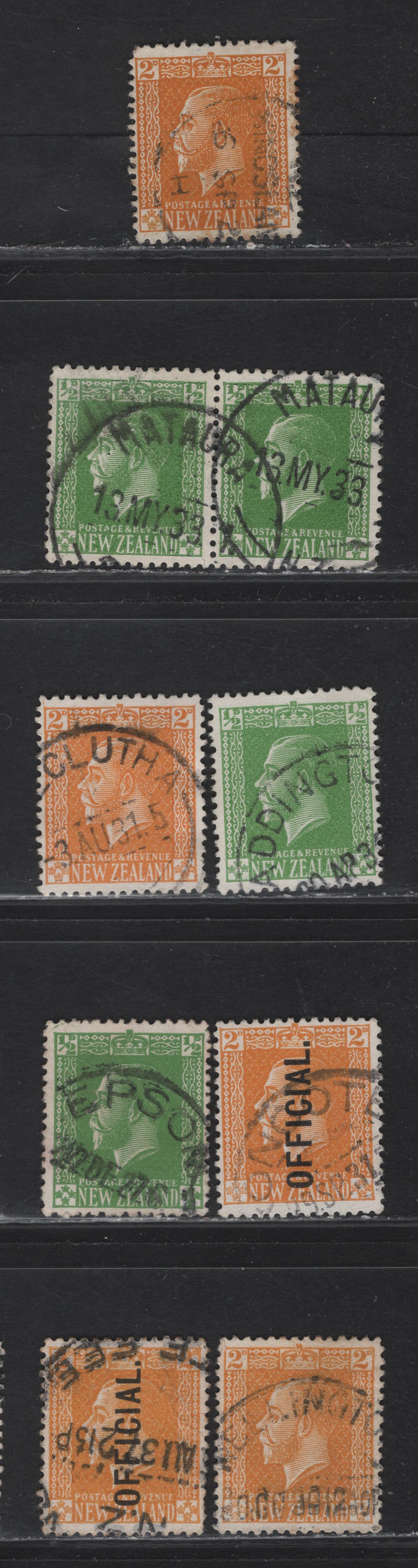 Lot 112 New Zealand (C) SG#O98, 446, 448 1/2d - 2d Yellow Green - Yellow King George V, 1925-1929 KGV Profile Heads Issue, 8 Fine/Very Fine Used Singles & Pair, SON Town Cancels, Cowan Paper