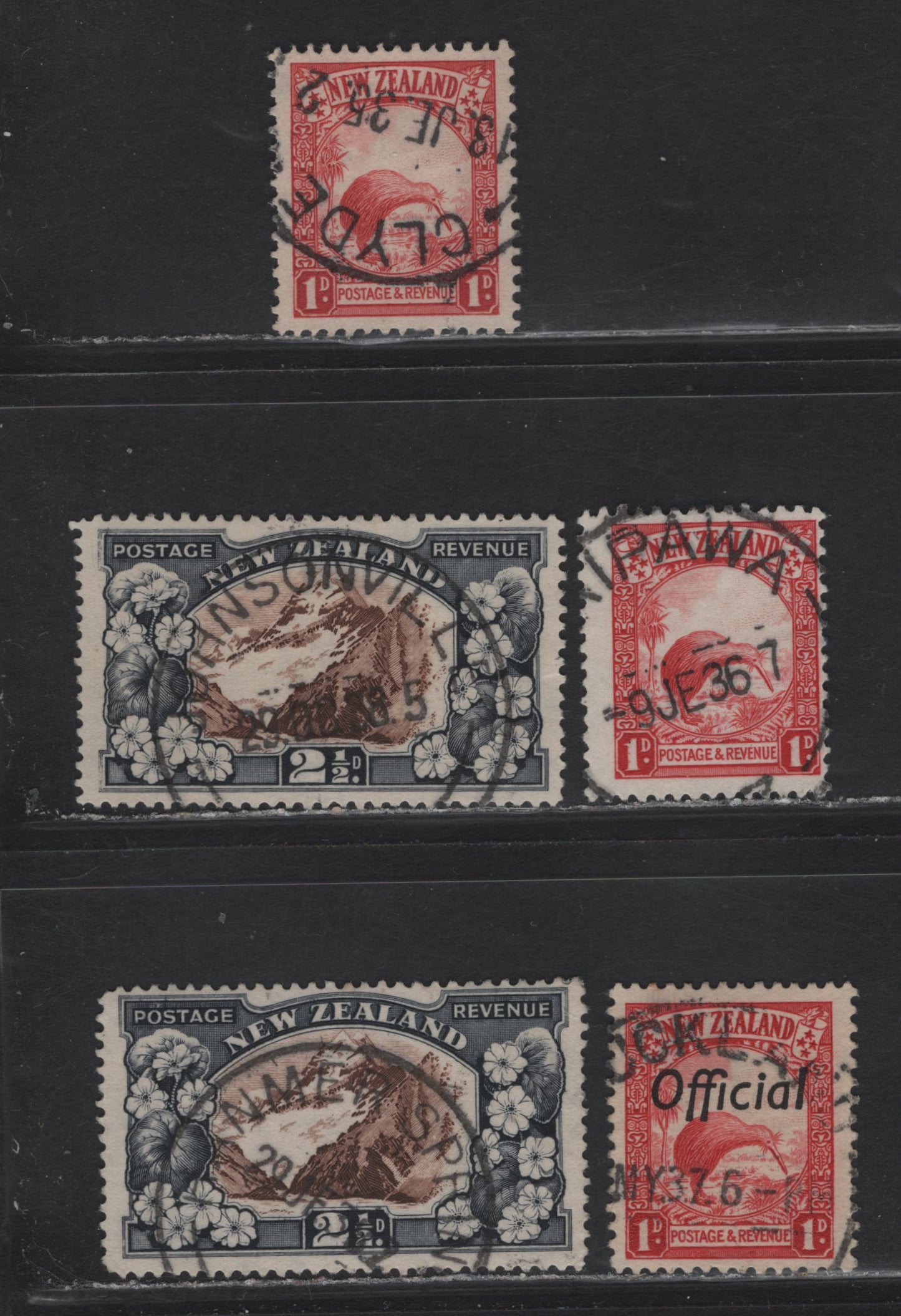 Lot 115 New Zealand (C) SG#O115, 557, 581b 1d - 2.5d Scarlet - Chocolate & Slate , 1935-1942 Pictorial Issues, 5 Fine/Very Fine Used Singles, Perfs 14x13.5 & 14, Multiple & Single Star & NZ Wmks, Smaller Town Cancels.