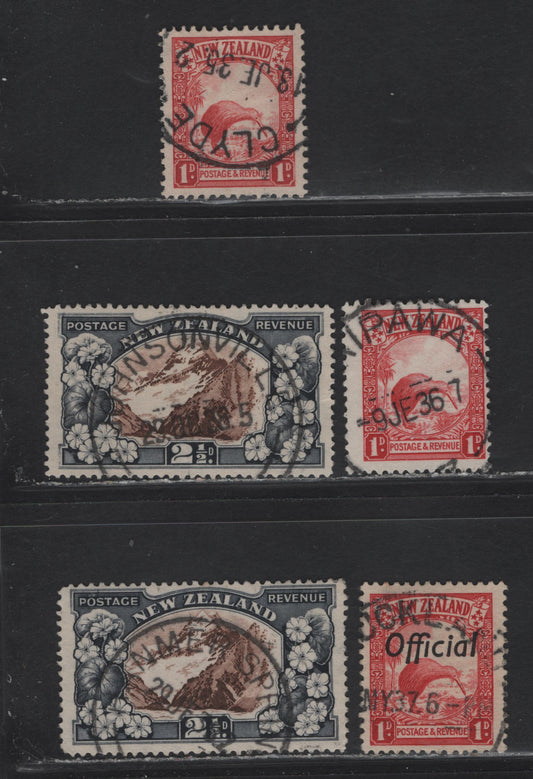 Lot 115 New Zealand (C) SG#O115, 557, 581b 1d - 2.5d Scarlet - Chocolate & Slate , 1935-1942 Pictorial Issues, 5 Fine/Very Fine Used Singles, Perfs 14x13.5 & 14, Multiple & Single Star & NZ Wmks, Smaller Town Cancels.