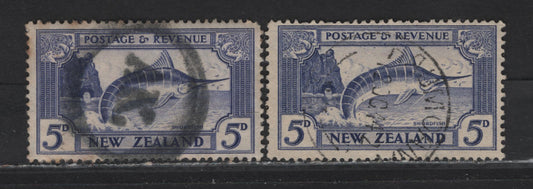 Lot 117 New Zealand (C) SG#563, 584 5d Ultramarine , 1938-1942 Pictorial Issue, 2 Fine/Very Fine Used Singles, Single & Multiple Star & NZ Wmks, SON Akin Double Circle Cancel & What Appears To Be Rawmohna