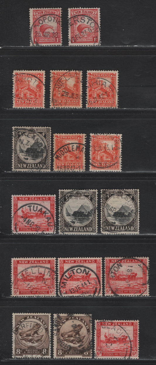 Lot 120 New Zealand (C) SG#578, 580, 583,d, 585,c, 586b 1d - 8d Scarlet - Sepia , 1936-1942 Pictorial Issue, 17 Fine/Very Fine Used Singles, Perfs 14x13.5, 14x14.5 & 14.5x14, 8d With Upright Wmk, Multiple Star & NZ Wmk, All With Readable Town Cancels.