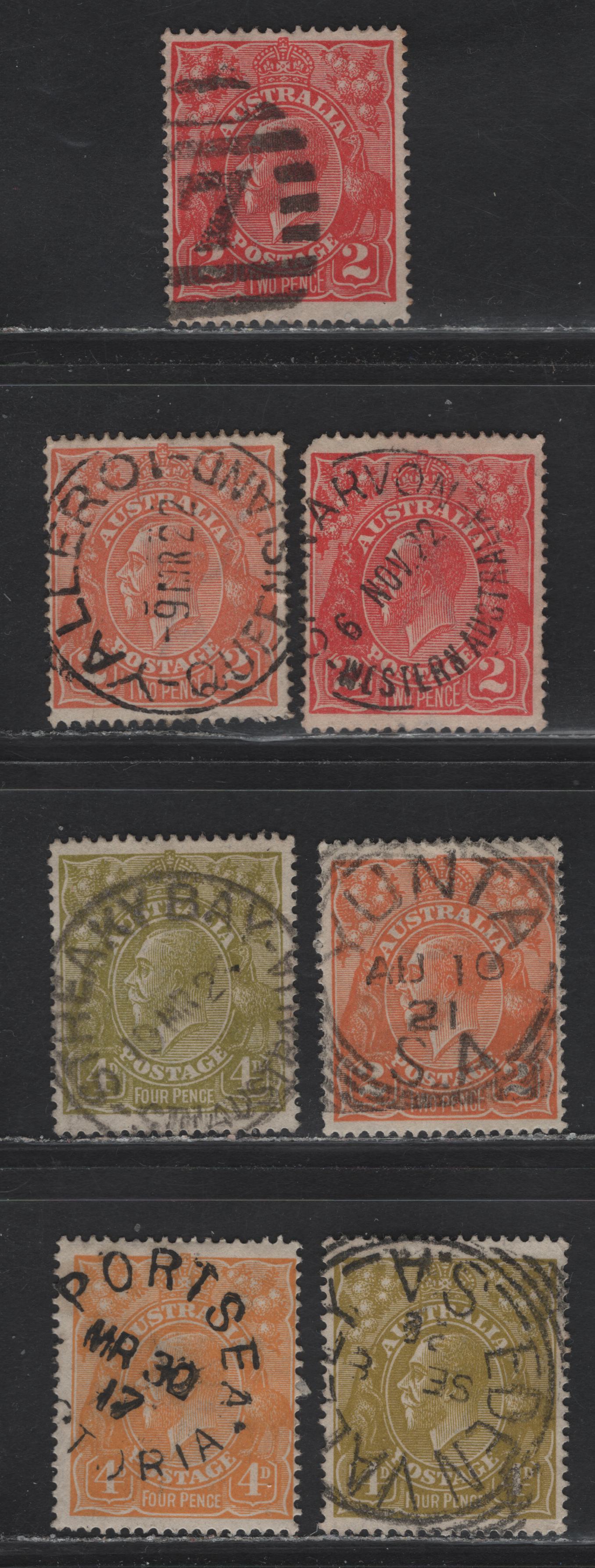 Lot 12 Australia (C)  SG#22a, 62a, 63, 80-a 2d - 4d Rose Scarlet - Olive Green King George V, 1914-1923 KGV Heads Issue, 7 Fine/Very Fine Used Singles, Scarcer SON Cancels, Single Wmk