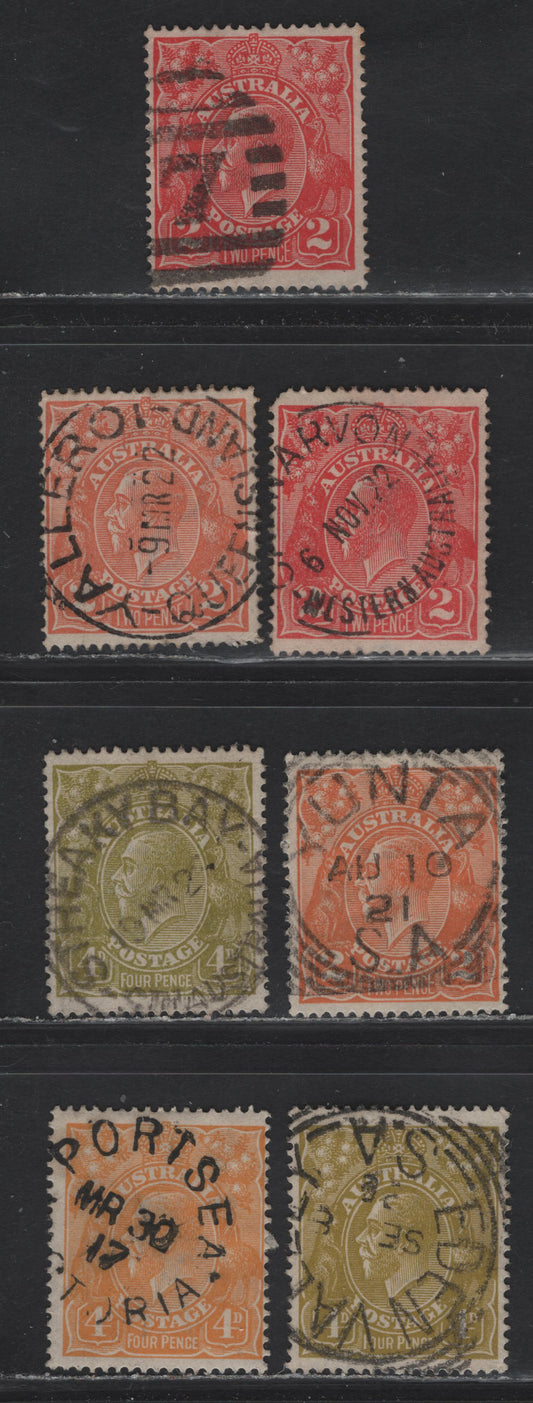 Lot 12 Australia (C)  SG#22a, 62a, 63, 80-a 2d - 4d Rose Scarlet - Olive Green King George V, 1914-1923 KGV Heads Issue, 7 Fine/Very Fine Used Singles, Scarcer SON Cancels, Single Wmk
