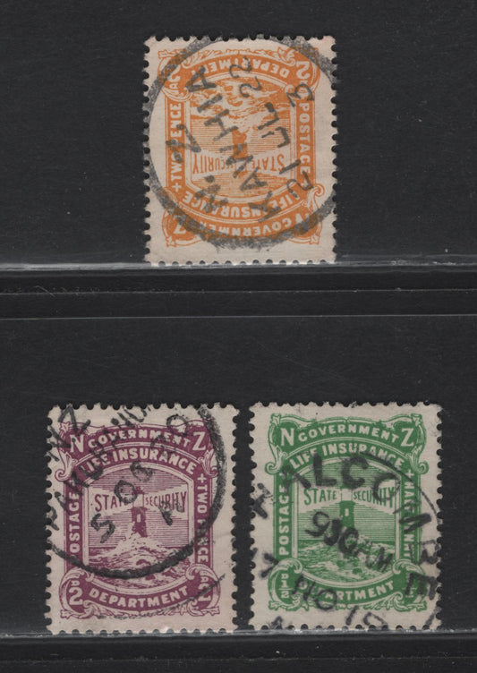 Lot 122 New Zealand (C) SG#L24, L28-L29 1/2d - 2d on 1/2d Green - Yellow Lighthouses, 1913-1920 Life Insurance Department Issue, 3 Very Fine Used Singles, Readable SON Cancels Including Nov 17 1918 Halcombe, Oct 5 1920 Pakurach & July 21 1922 Kawhia