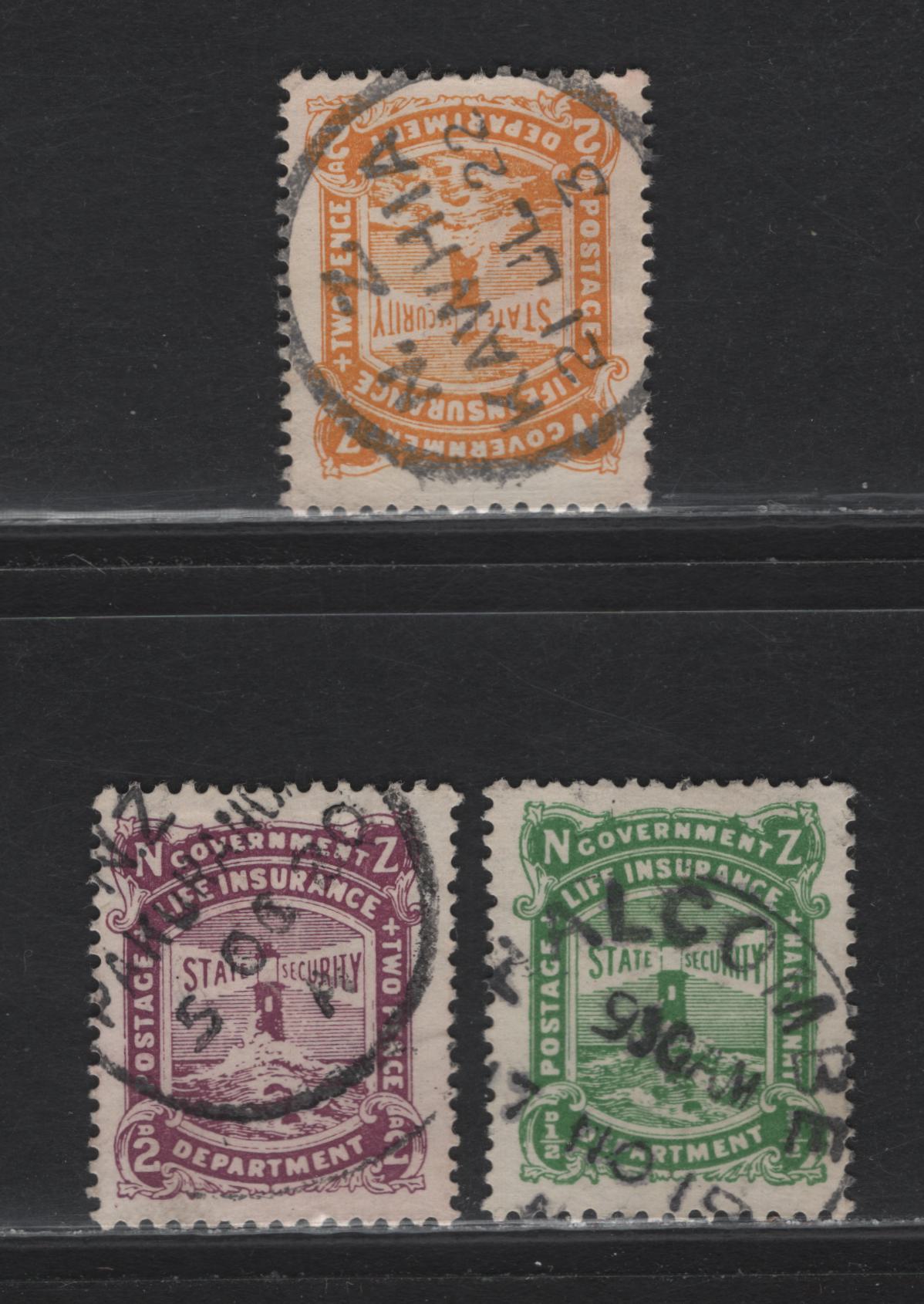 New Zealand (C) SG#L24, L28-L29 1/2d - 2d on 1/2d Green - Yellow Lighthouses, 1913-1920 Life Insurance Department Issue, 3 Very Fine Used Singles, Readable SON Cancels Including Nov 17 1918 Halcombe, Oct 5 1920 Pakurach & July 21 1922 Kawhia