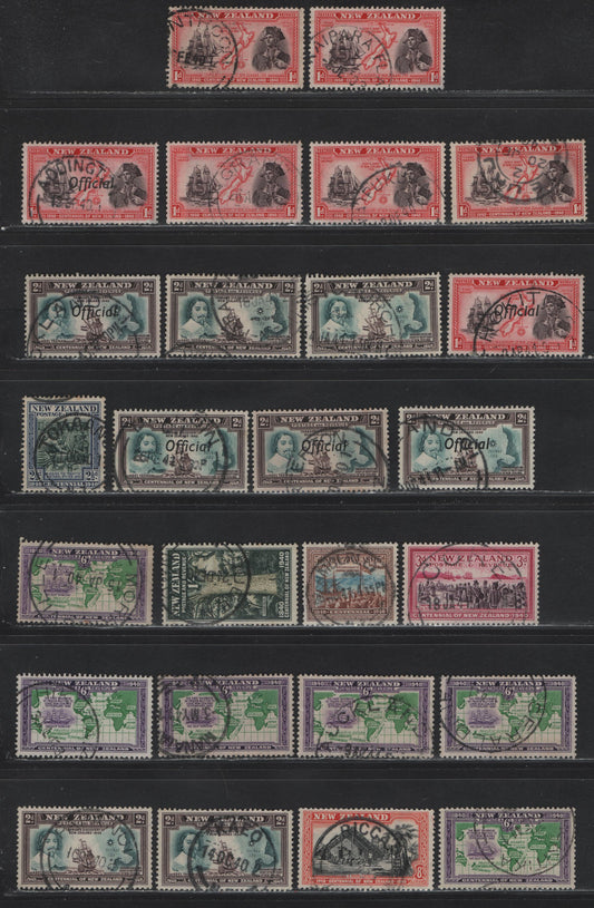 Lot 123 New Zealand (C) SG#O142, O144, 614/625 1d - 1/- Chocolate & Scarlet - Sage Green & Deep Green , 1940 Centenary Issue, 26 Fine/Very Fine Used Singles, SON & Readable Town Cancels