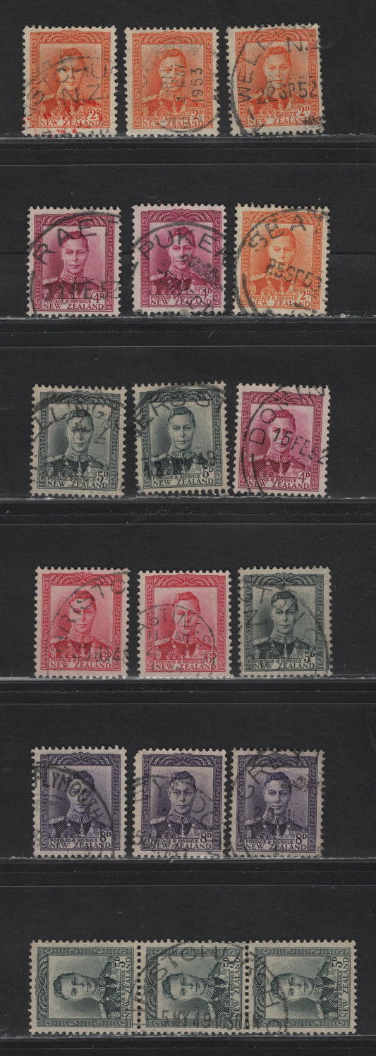 Lot 127 New Zealand (C) SG#680-684 2d - 8d Orange - Violet King George VI, 1947-1952 KGVI Definitive Issue, 16 Fine/Very Fine Used Singles & Strip Of 3, SON Town Cancels