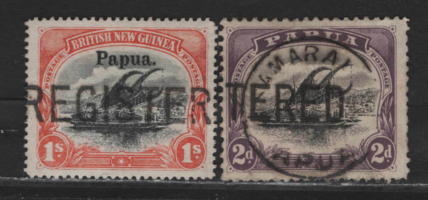 Lot 134 British New Guinea (C) SG#36, 50 1/- - 2d Black & Orange - Black & Purple Lakatoi, 1907-1910 Lakatoi Issue, 2 Fine/Very Fine Used Singles, Straight Line Registered Cancel & Kamari CDS Cancel, Line Perf 11, Upright Crown Over Double Line A Wmk.