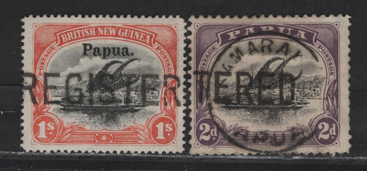 Lot 134 British New Guinea (C) SG#36, 50 1/- - 2d Black & Orange - Black & Purple Lakatoi, 1907-1910 Lakatoi Issue, 2 Fine/Very Fine Used Singles, Straight Line Registered Cancel & Kamari CDS Cancel, Line Perf 11, Upright Crown Over Double Line A Wmk.