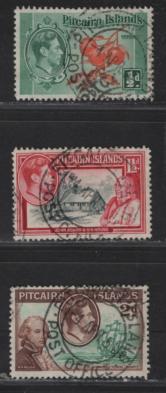 Lot 135 Pitcairn Islands (C) SG#1, 3-4 1/2d - 2d Orange & Green - Green & Brown King George VI, 1940 KGVI Pictorial Issue, 3 Very Fine Used Singles, SON April 1951 Pitcairn Islands Post Office Cancels