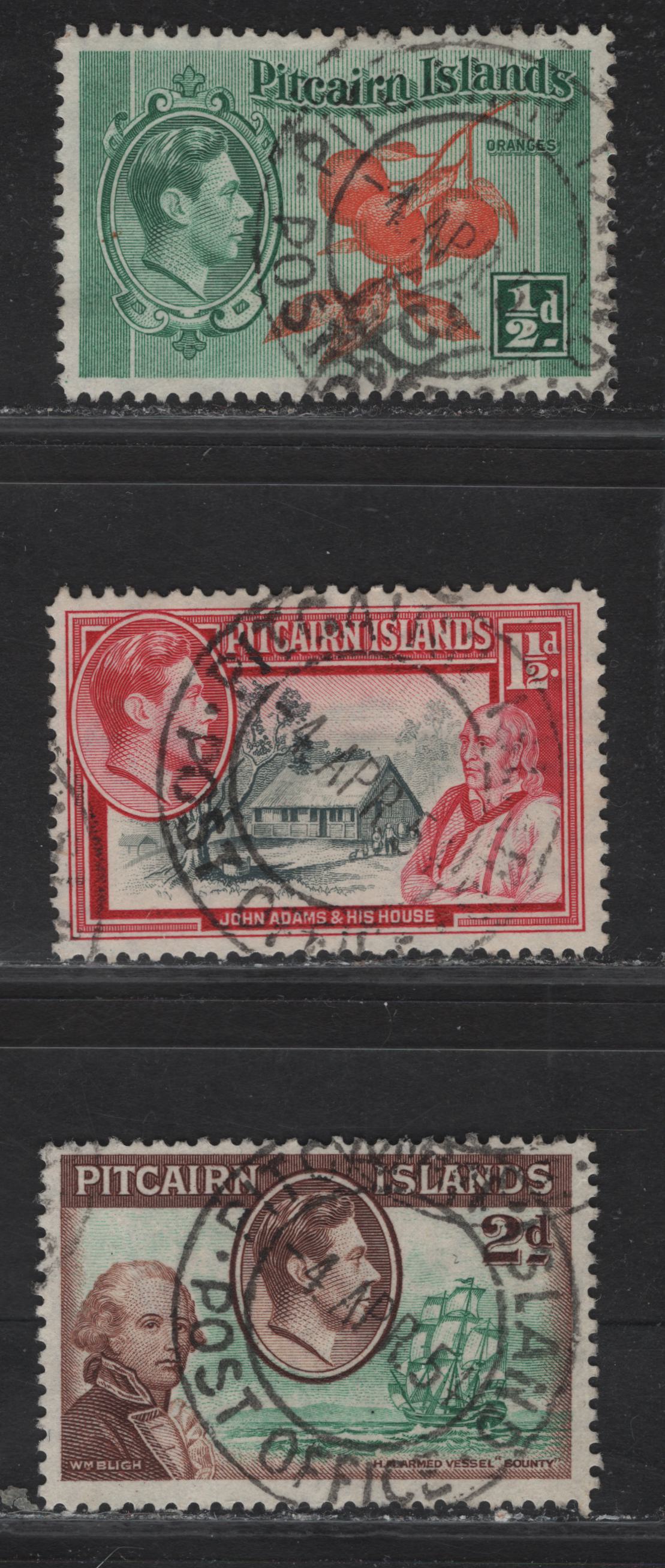 Pitcairn Islands (C) SG#1, 3-4 1/2d - 2d Orange & Green - Green & Brown King George VI, 1940 KGVI Pictorial Issue, 3 Very Fine Used Singles, SON April 1951 Pitcairn Islands Post Office Cancels