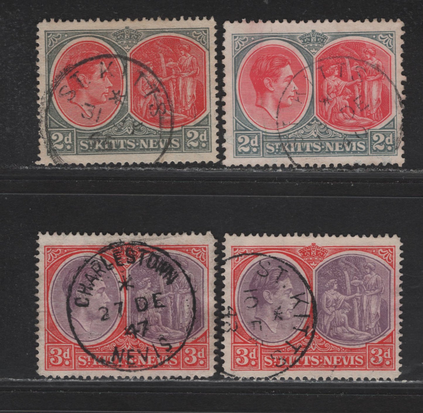Lot 138 St Kitts & Nevis (C)  SG#71a,ba, 73e 2d - 3d Carmine & Deep Gray - Deep Purple & Scarlet King George VI, 1938-1950 KGVI Keyplate Issue, 4 Fine/Very Fine Used Singles, Charlestown & St Kitts SON Cancels