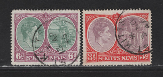 Lot 139 St Kitts & Nevis (C) SG#73c, 74c 3d - 6d Reddish Lilac & Scarlet- Green & Purple King George VI, 1938-1950 KGVI Keyplate Issue, 2 Very Fine Used Singles, Perf 14x13.5, Ordinary Paper, Both With St Kitts CDS Cancels.
