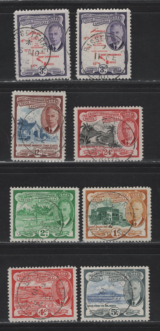 Lot 142 St Christopher, Nevis, Anguilla (C)  SG#94-98, 100-101 1c - 24c Deep Green & Ochre - Black & Carmine Red, 1952 KGVI Definitive Issue, 8 Very Fine Used Singles, SON Basseterre CDS Cancels, Two Slightly Different Shades of 3c