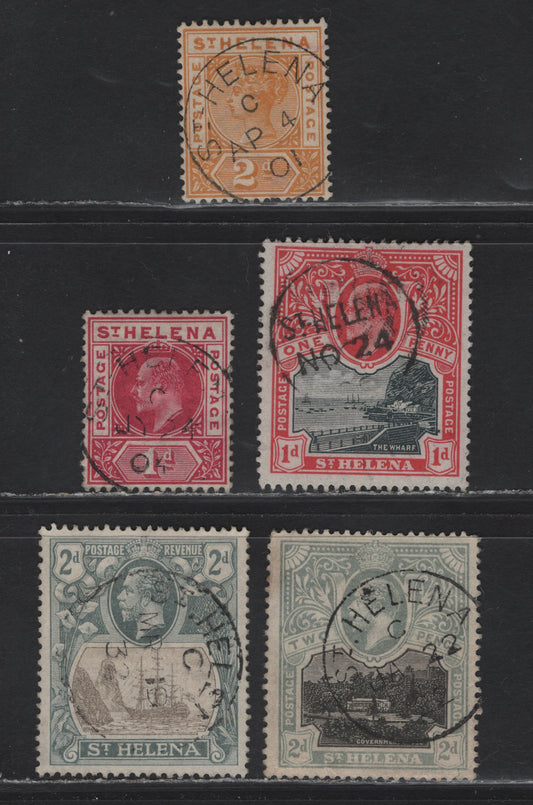 Lot 144 St. Helena (C)  SG#49, 54, 56, 75, 100 2d Yellow - Gray & Slate Queen Victoria - King Geroge V, 1890-1937 Queen Victoria Imperium - KGV Colonial Badge Definitives, 5 Fine/Very Fine Used Singles, SON St. Helena (C)  Cancels