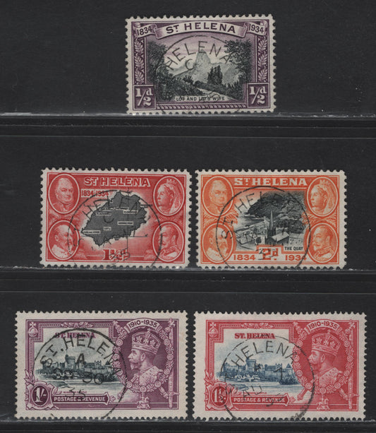 Lot 145 St. Helena (C)  SG#114, 116-117, 124, 127 1/2d - 1/- Black & Puuple - Slate & Purple , 1934 Centenary - Silver Jubilee Issues, 5 Very Fine Used Singles, SON St. Helena (C)  CDS Cancels
