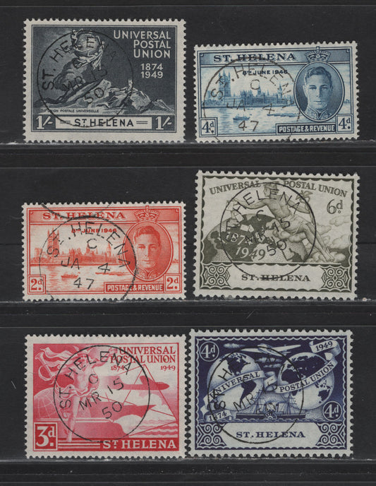 Lot 147 St. Helena (C)  SG#141-142, 145-148 2d - 1/- Red Orange - Blue Black , 1946-1949 Peace & UPU Issues, 6 Very Fine Used Singles, SON St. Helena (C)  CDS Cancels