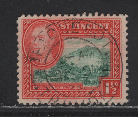 Lot 148 St Vincent (C)  SG#151 1.5d Green & Vermillion , 1938-1947 KGVI Pictorial Issue, A Very Fine Used Single, SON Paquebot Cancel, Dated October 5 1938