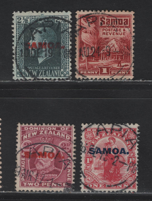 Lot 149 New Zealand (C)  SG#116-117, 139, 154 1d Carmine - Lake , 1914-1921 King Edward VII Overprinted Issue, 4 Fine/Very Fine Used Singles, Perf 14x13.5, SON Apia Cancels