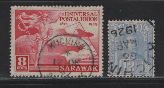 Lot 150 Sarawak (C)  SG#70a, 167 12c - 8c Pale Dull Blue - Carmine Sir Charles Vyner Brooke - UPU, 1922-1949 Sir Charles Vyner Brooke - UPU Issues, 2 Fine/Very Fine Used Singles, SON Kuching CDS Cancels
