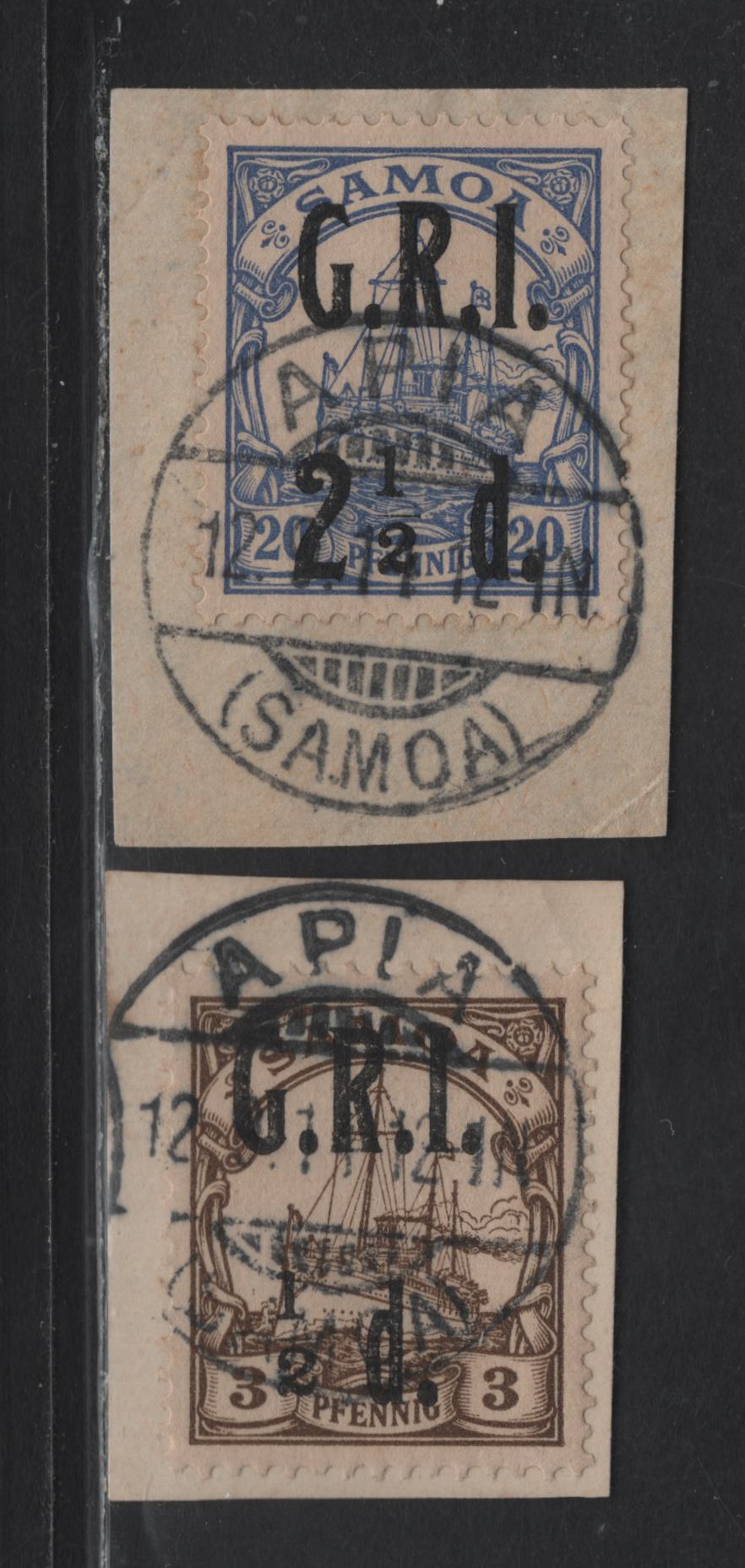 Lot 151 Samoa (C)  SG#101, 104 1/2d on 3pf - 2.5d on 20pf Brown - Ultramarine Kaiser Yacht, 1914 Overprinted Kaiser Yacht Issue, 2 Very Fine Used Singles, Tied To Small Pices, SON Sept 9 1914 Apia Cancels