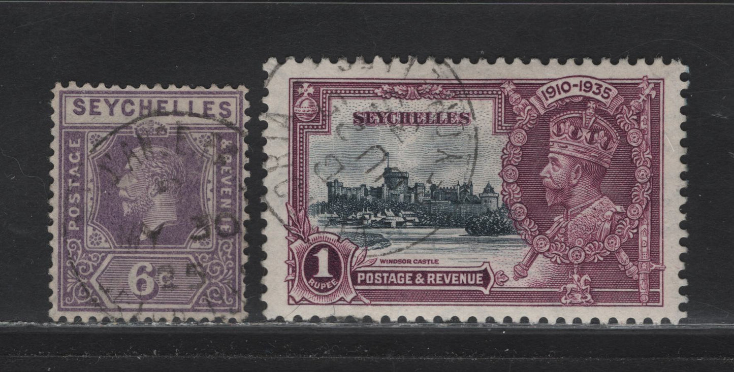 Lot 152 Seychelles (C)  SG#103, 131 6c - 1r Deep Mauve - Slate & Purple King George V - Silver Jubilee, 1921-1935 King George V - Silver Jubilee Issues, 2 Very Fine Used Singles, SON Victoria & Other CDS Cancel I Quite Cant Make Out