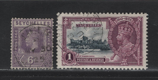 Lot 152 Seychelles (C)  SG#103, 131 6c - 1r Deep Mauve - Slate & Purple King George V - Silver Jubilee, 1921-1935 King George V - Silver Jubilee Issues, 2 Very Fine Used Singles, SON Victoria & Other CDS Cancel I Quite Cant Make Out