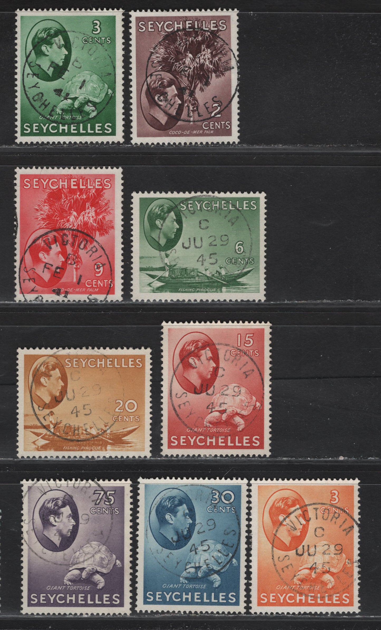 Lot 153 Seychelles (C)  SG#135-136a, 137a, 138, 139a, 140a, 142a, 145a 2c - 75c Purple Brown - Deep Slate Lilac , 1938-1949 KGVI Photogravure Pictorial Issue, 9 Very Fine Used Singles, Chalk Surfaced Paper, SON Victoria CDS Cancels