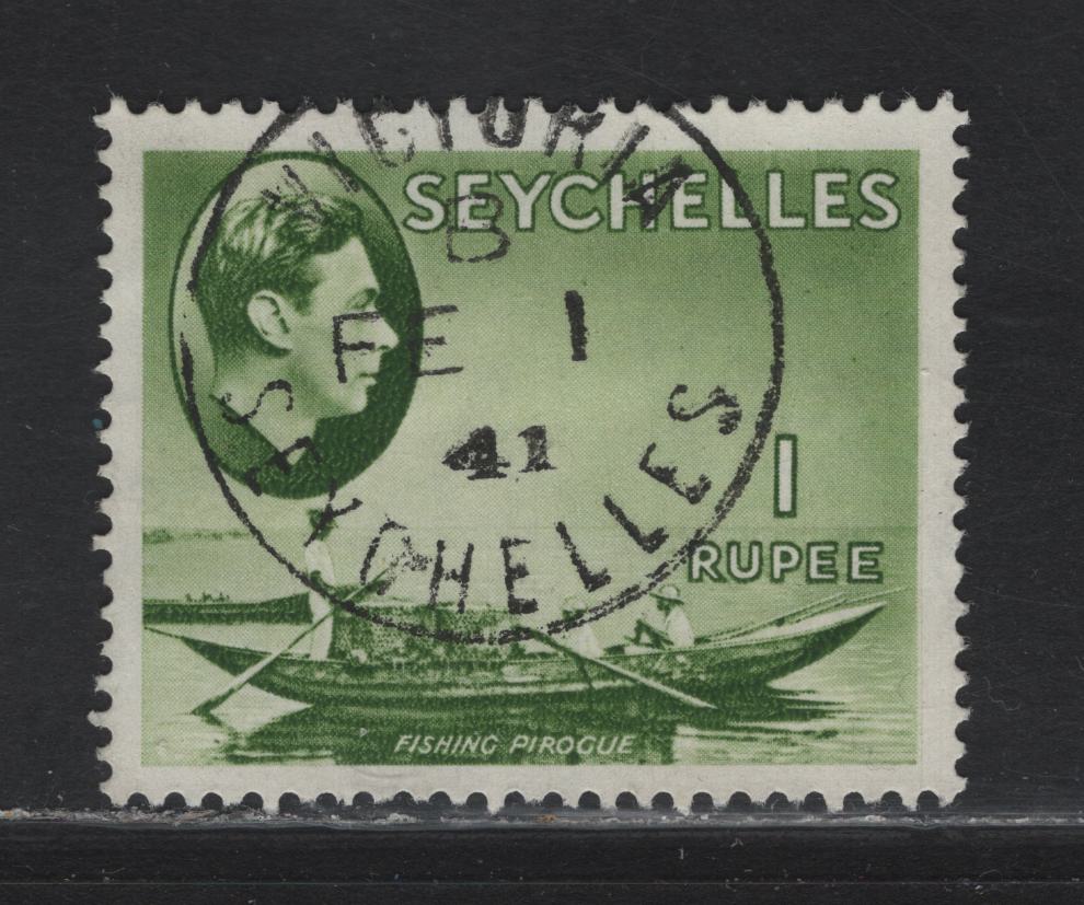 Seychelles (C)  SG#146 1r Yellow Green Fishing Pirogue, 1938-1949 KGVI Photogravure Pictorial Issue, A Very Fine Used Single, SON Feb 1 1941 Victorian CDS Cancel