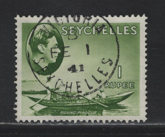 Lot 155 Seychelles (C)  SG#146 1r Yellow Green Fishing Pirogue, 1938-1949 KGVI Photogravure Pictorial Issue, A Very Fine Used Single, SON Feb 1 1941 Victorian CDS Cancel
