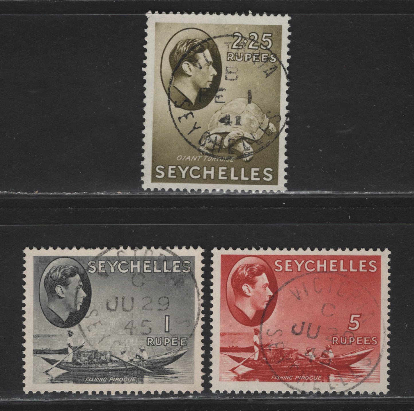 Lot 156 Seychelles (C)  SG#146a, 148-149 1r - 5r Gray Black - Red Fishing Pirogue - Giant Tortoise, 1938-1949 KGVI Photogravure Pictorial Issue, 3 Very Fine Used Singles, All With SON Victoria Cancels