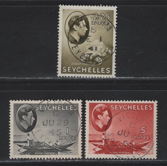 Lot 156 Seychelles (C)  SG#146a, 148-149 1r - 5r Gray Black - Red Fishing Pirogue - Giant Tortoise, 1938-1949 KGVI Photogravure Pictorial Issue, 3 Very Fine Used Singles, All With SON Victoria Cancels