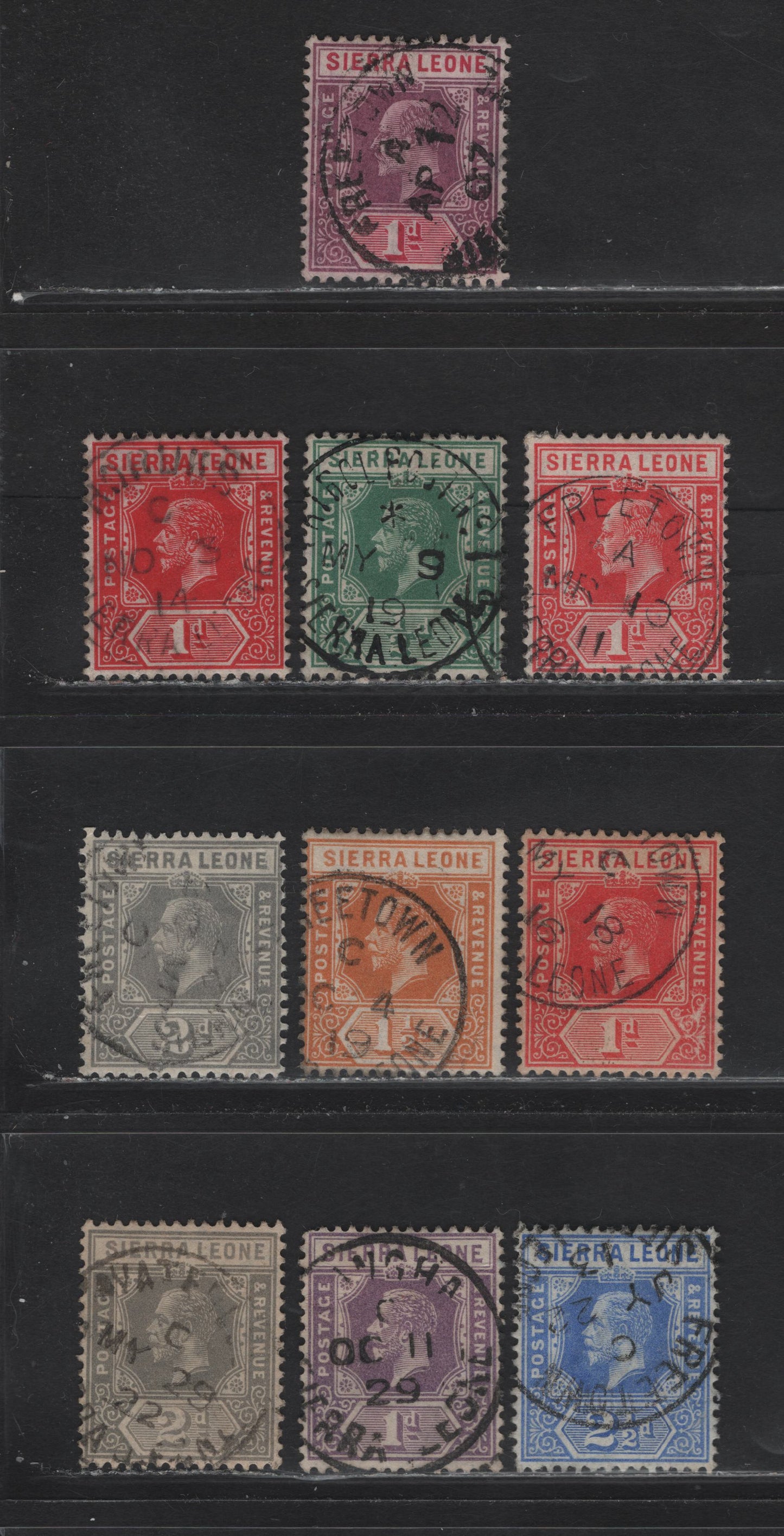 Lot 157 Sierra Leone (C) , 1904-1905 Edward VII Imperium Keyplate Wmk Mul. Crown CA & 1912-27 Crown & Scrips CA, 10 F&VF Used Singles All With SON Or Readable CDS Cancels Incl. Freetown, Waterloo, Patrol Post & Rokus