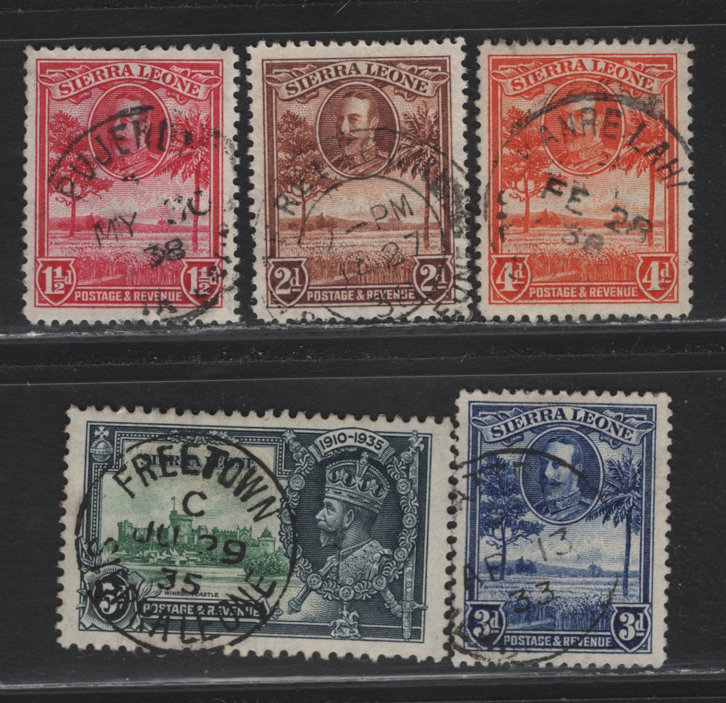 Lot 158 Sierra Leone (C) SG#157158159160183 1 1/2d Carmine - 5d Green & Indigo, 1932 King George V Pictorial Issue - 1935 Silver Jubilee Issue, 5 VF Used Singles All With SON Or Readable Town Cancels Incl. Freetown, Pujehun, Kamre Lahi