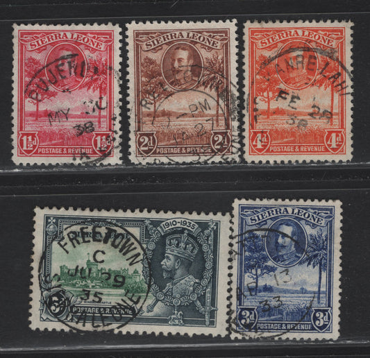Lot 158 Sierra Leone (C) SG#157158159160183 1 1/2d Carmine - 5d Green & Indigo, 1932 King George V Pictorial Issue - 1935 Silver Jubilee Issue, 5 VF Used Singles All With SON Or Readable Town Cancels Incl. Freetown, Pujehun, Kamre Lahi