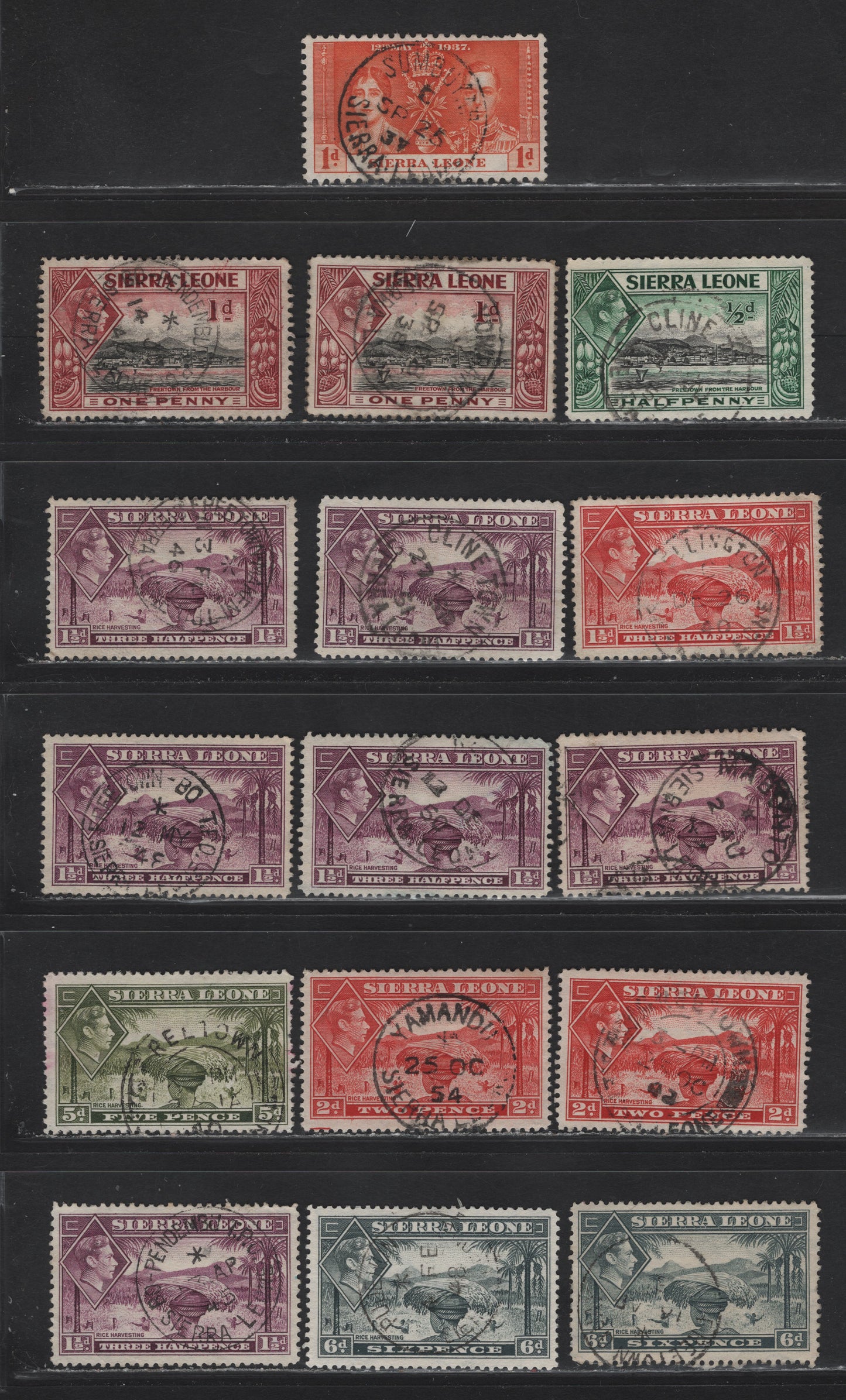 Lot 159 Sierra Leone (C) SG#185, 188-190a,191a,194,195 1d Orange - 6d Grey, 1937 Coronation - 1938 King George VI Pictorial Issues, 16 F&VF Used Singles All With SON Or Readable CDS Town Cancels