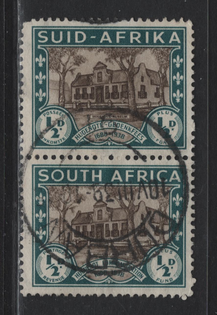 Lot 162 South Africa (C) SG#82 1/2d+1/2d Brown & Green, 1939 250th Anniversary Of Huguenot Landing Issue, A VF Used Vertical Pair With SON, Aug. 10, 1939 Durban CDS
