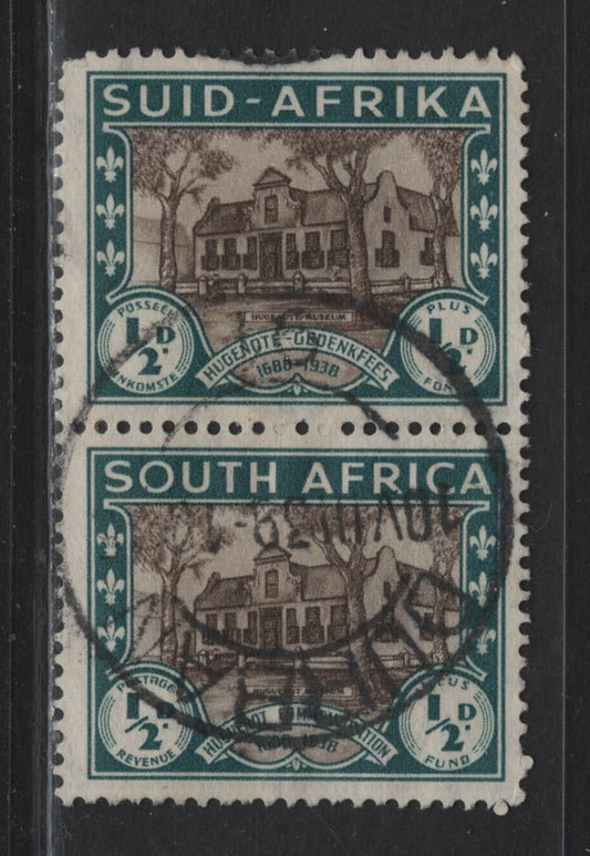 Lot 162 South Africa (C) SG#82 1/2d+1/2d Brown & Green, 1939 250th Anniversary Of Huguenot Landing Issue, A VF Used Vertical Pair With SON, Aug. 10, 1939 Durban CDS