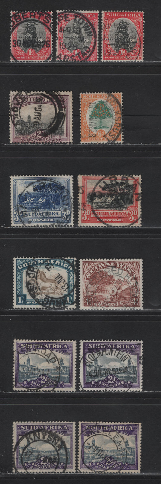 Lot 163 South Africa (C) , 1927-1948 Pictorial Issues, 13 F&VF Used Singles With SON Readable Cancels Incl. Durban Robertson,Cape Town,Volksrust, Martzburg, Andover, Abatini, Krugersdorp, Bloemfortein, Knysna & Swellendam